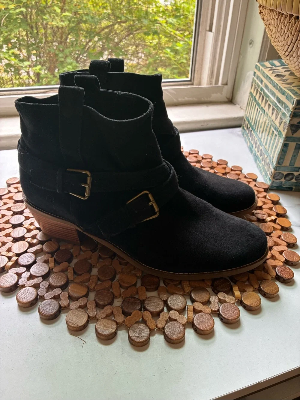 Black Suede Ankle Boots with Buckle Strap
